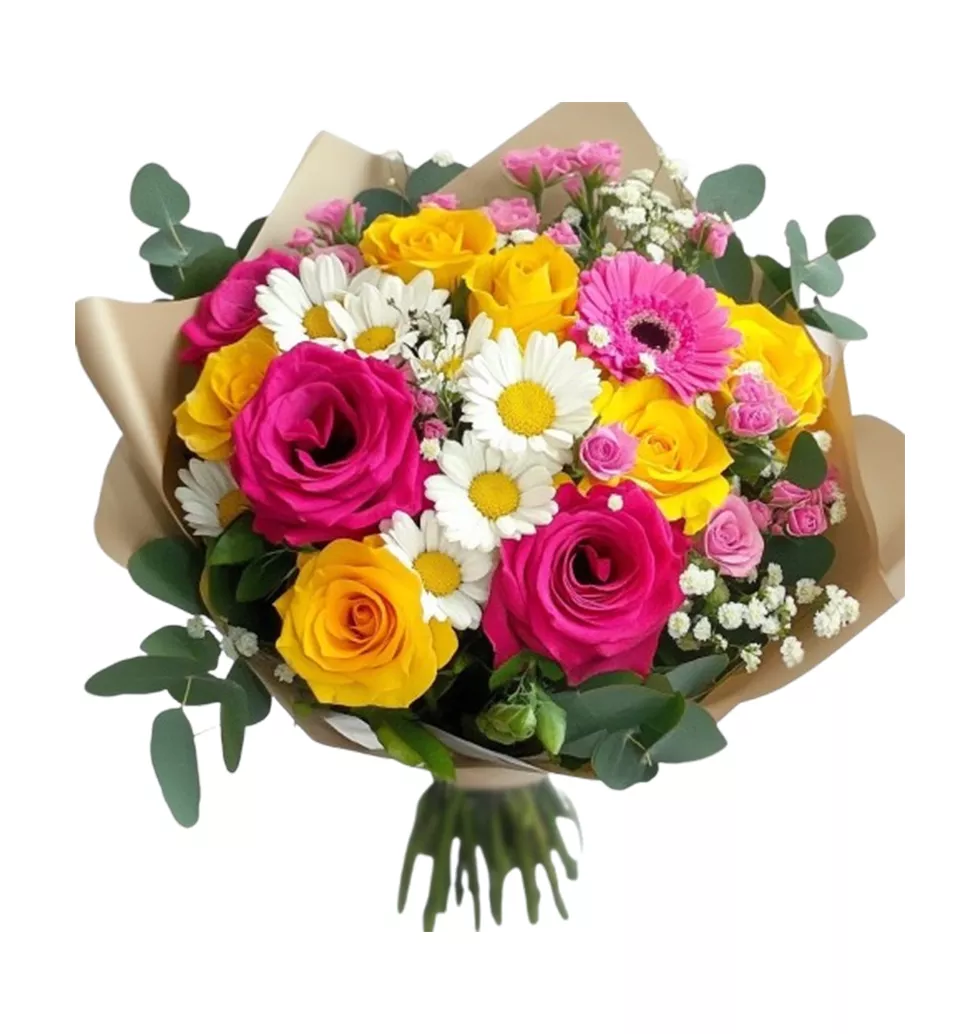 Vibrant Bouquet : Roses, Gerberas and Santini