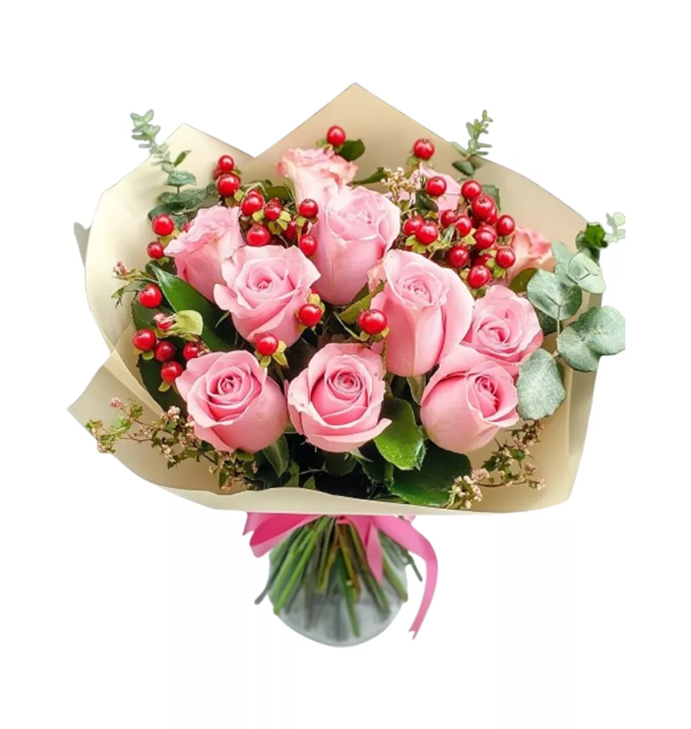 Charming Pink Roses with Berry Bouquet